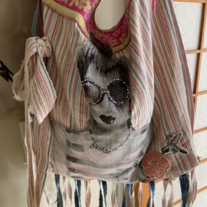 Fun glam beach tote bag handmade from upcycled materials.