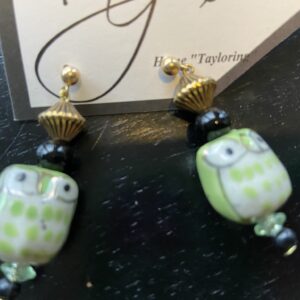 Handmade dangle earrings with ceramic green owls