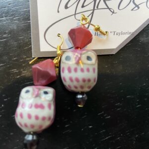 Handmade dangle earrings with ceramic pink owls