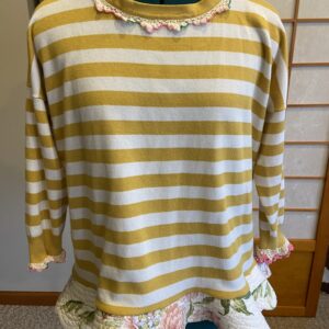 Upcycled Striped Knit Top with flounced hem and vintage lace Size L