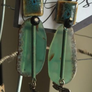 Handmade dangle earrings of stone, ceramic bead and silver tone dragonfly charms