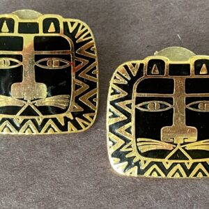 Laurel Burch Black and Gold Cat face post earrings. Signed on back “Cat Spirit”