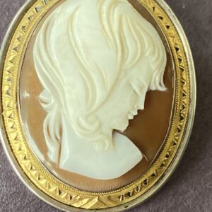 Cameo pin of  young girl set in sterling silver with yellow gold