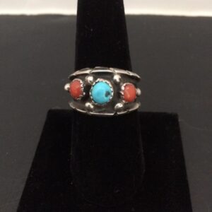 Vintage Native American Zuni 2 Turquoise and coral ring on sterling.  Size 9